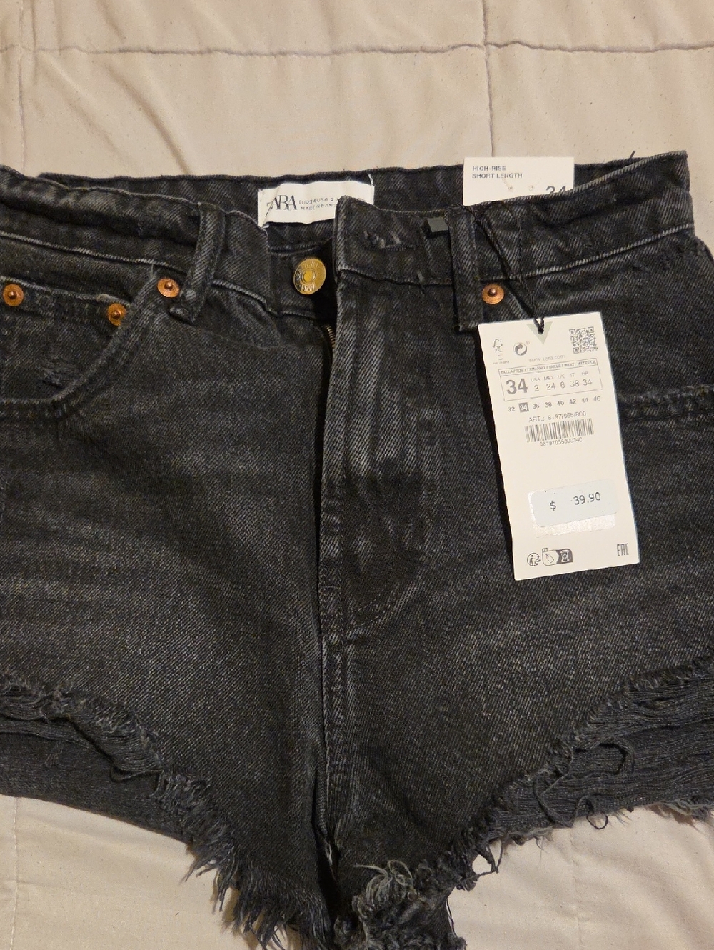 Zara Black Washed High-Rise Distressed Denim Shorts